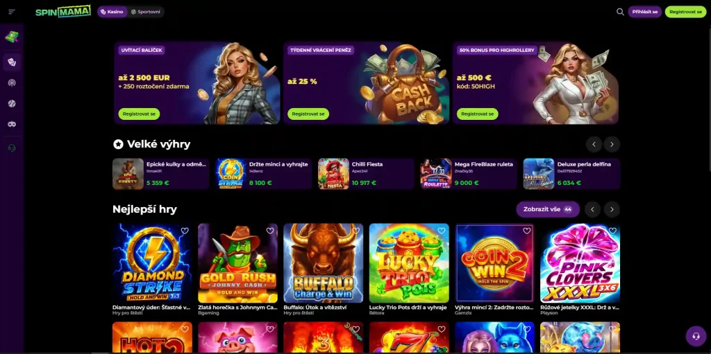 Aktuální herní lobby Spinmama s kategoriemi a kartami her
