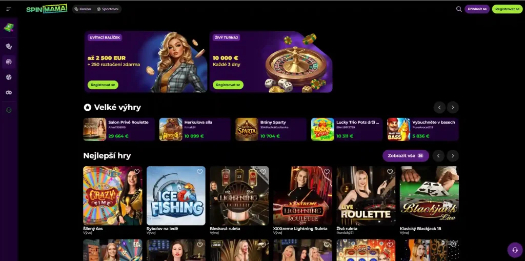 Aktuální live casino lobby Spinmama s kartami živých stolů