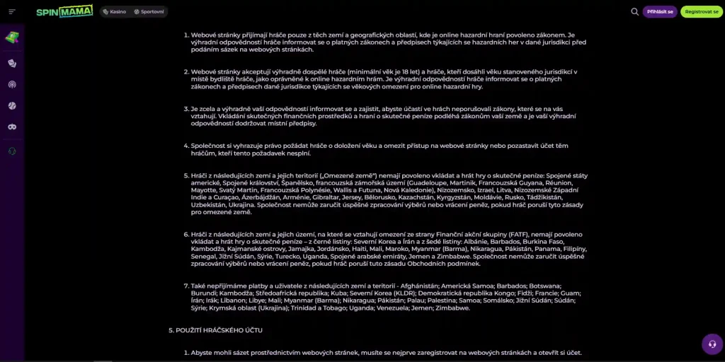 Aktuální oficiální podmínky Spinmama s uvedením Czech Republic mezi Restricted Countries