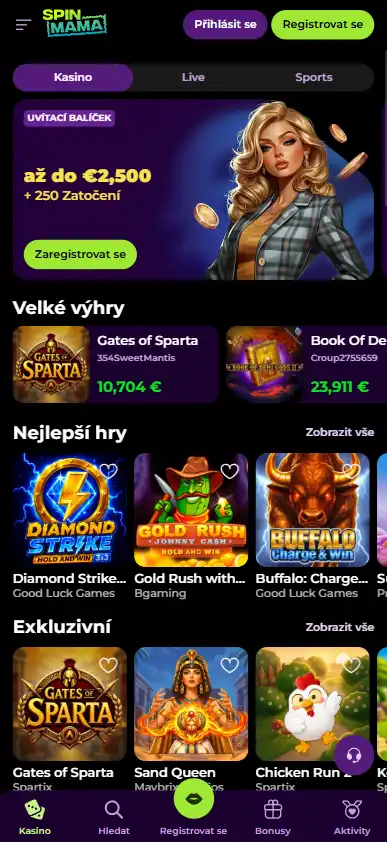 Skutečné mobilní rozhraní webu Spinmama v prohlížeči